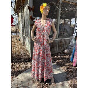 60s Metallic Shimmer Maxi Dress Formal Gown Orange Silver V-Neck Sleeveless REIH